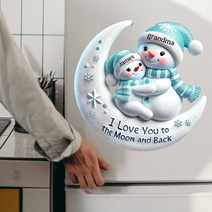 Snowman Grandma & Hugging Grandkid On The Moon Personalized Decal