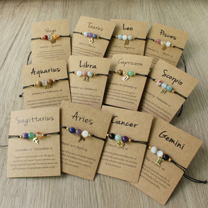 Natural Stone Hand Woven Bracelet With Twelve Constellations Paper Card