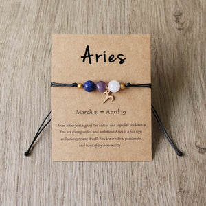 Natural Stone Hand Woven Bracelet With Twelve Constellations Paper Card