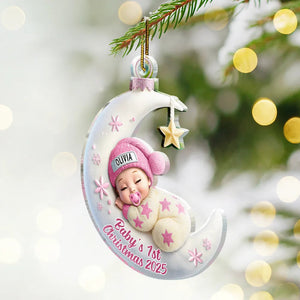 Baby Sleeping On The Moon First Christmas - Personalized Custom Shaped Acrylic Ornament