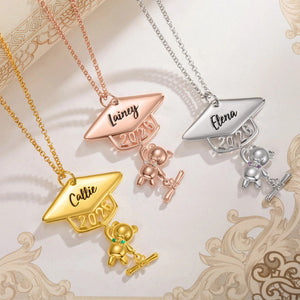 Class of 2026 Graduates Engraved Name and Birthstone Personalised Cute Bear Graduation Necklace