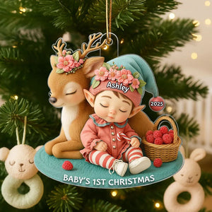 Baby's 1st Christmas Ornament – Cute Elf & Reindeer Personalized Acrylic Ornament