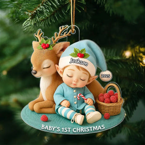 Baby's 1st Christmas Ornament – Cute Elf & Reindeer Personalized Acrylic Ornament