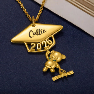 Class of 2026 Graduates Engraved Name and Birthstone Personalised Cute Bear Graduation Necklace