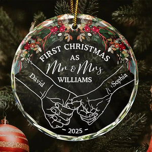 Holding Hands First Christmas Couple - Personalized Circle & Heart Glass Ornament
