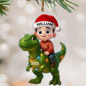 Cute Cartoon Kid With Dinosaur Christmas Personalized Flat Acrylic Ornament, Fun & Unique Gift For Kids, Grandkids