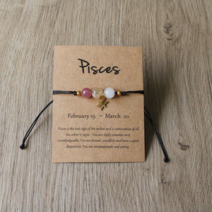 Natural Stone Hand Woven Bracelet With Twelve Constellations Paper Card