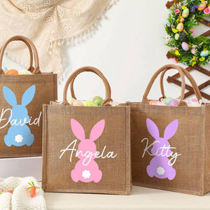 Personalized Easter Bunny Jute bag With Name, Kids Egg Hunt Bags, Easter Basket, Easter Gift Bags