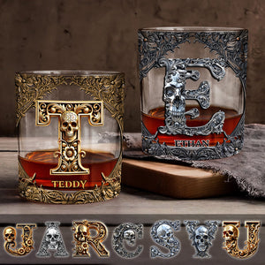 Skull Name Initial Letter - Personalized Whiskey Glass