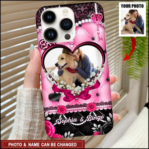 Black Pink Heart Photo And Name - Personalized Phone Case, Gift For Pet Lover, Gift For Family