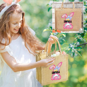 Personalized Easter Bunny Jute bag With Name, Kids Egg Hunt Bags, Easter Basket, Easter Gift Bags
