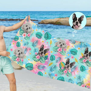 Custom Photo Happy Tails In Summer Trails - Dog & Cat Personalized Custom Beach Towel - Summer Vacation Gift
