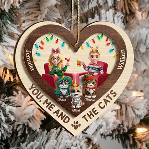 Heart You Me And The Cat - Personalized 2-Layered Wooden Ornament Gift For Cat Lover Couple