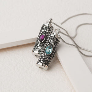 Personalized Gemstone Vintage Cylinder Urn Necklace for Ashes, Sympathy Gift for Pet Loss/Family/Friend/Lover