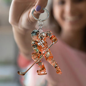 Sparkling Ice Hockey Player - Personalized Hockey Keychain