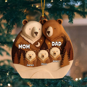 Bear Family Woodland Christmas - Personalized Wooden Ornament, Custom Name Christmas Tree Ornament, Gift for Family