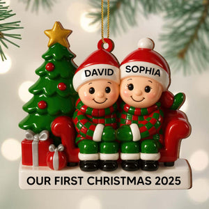Couple Our First Christmas With Christmas Tree and Gifts, Personalized Wood Ornament