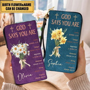 Personalized God Says You Are Birth Flower Bouquet PU Leather Long Wallet Gift for Christian