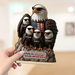 Patriotic Eagle Grandpa Dad & Kids Personalized Standing Wooden Plaque, Gift For Dad Grandpa
