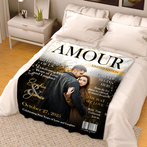 Personalized Amour Magazine Cover, Custom Couple Newspaper Blanket, Romantic Love Story Gift