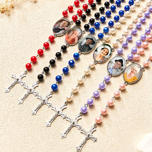 Custom Rosary Beads Cross Multi-Personalized Necklace With Photo Memorable Gift For Women