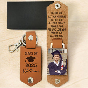 Let The Journey Begin Graduation Gift - Personalized Leather Photo Keychain