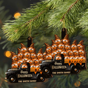Happy Halloween Family Truck With Pumpkins, Personalized Custom Wood Ornamen