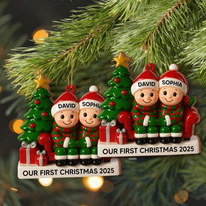 Couple Our First Christmas With Christmas Tree and Gifts, Personalized Wood Ornament
