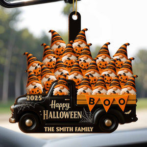 Happy Halloween Family Truck With Pumpkins, Personalized Custom Wood Ornamen