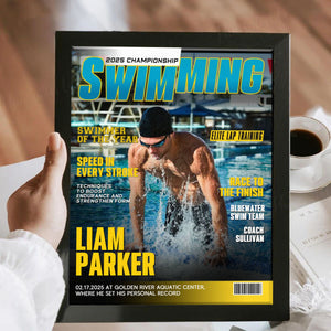 Personalized Swimming Magazine Cover, Custom Swimmer Magazine Cover, Swimming Athlete Gift, Unique Gifts For Swimmers, Swim Team Gifts