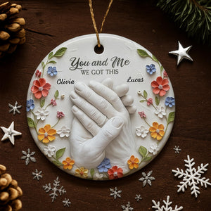 Clasped Hands And Flowers, Personalized Ceramic Ornament, Gift For Couples And Partners