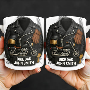 Bike Dad, Motorcycle and Leather Jacket, Personalized Coffee Mug, Gift For Dads and Bikers