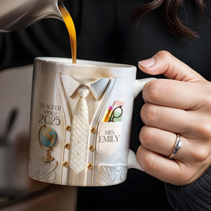 Teacher Since 2025 Featuring Tie, Globe, and Pocket, Personalized Coffee Mug, Gift For Teachers