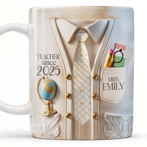 Teacher Since 2025 Featuring Tie, Globe, and Pocket, Personalized Coffee Mug, Gift For Teachers