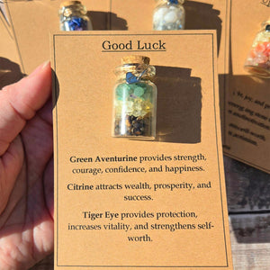 Personalized GOOD LUCK crystal chip bottle. Lucky charm. Crystals for new beginnings, exams, interview