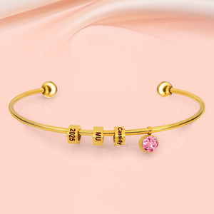 Personalized Engravable Bead Name Cuff Bracelet With Birthstone