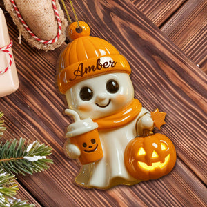 Celebrate Cozy Autumn Vibes Ghost and Pumpkin, Personalized Wood Ornament Gift for Halloween Lovers