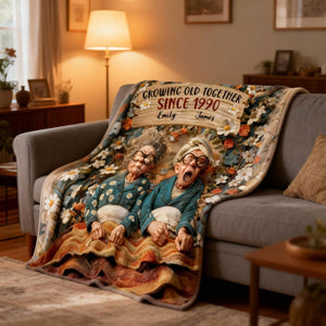 Growing Old Together, Elderly Couple And Flowers, Personalized Blanket, Gift For Couples And Grandparents