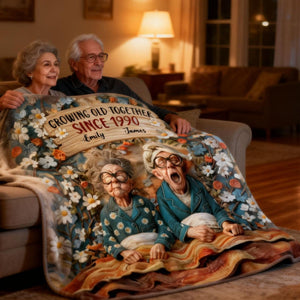 Growing Old Together, Elderly Couple And Flowers, Personalized Blanket, Gift For Couples And Grandparents