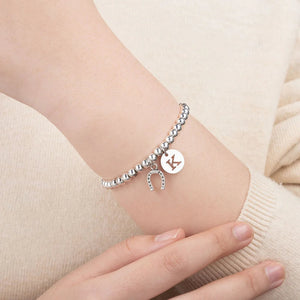 Personalized Lucky Horseshoe Elastic Bead Bracelet with Initial Birthday Baptism Gift for Kids