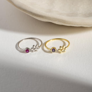 Personalized Engraved Paw Birthstone Ring Gift for Pet Lovers