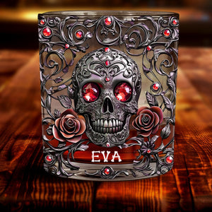 Beautiful Skull And Roses - Personalized Skull Whiskey Glass