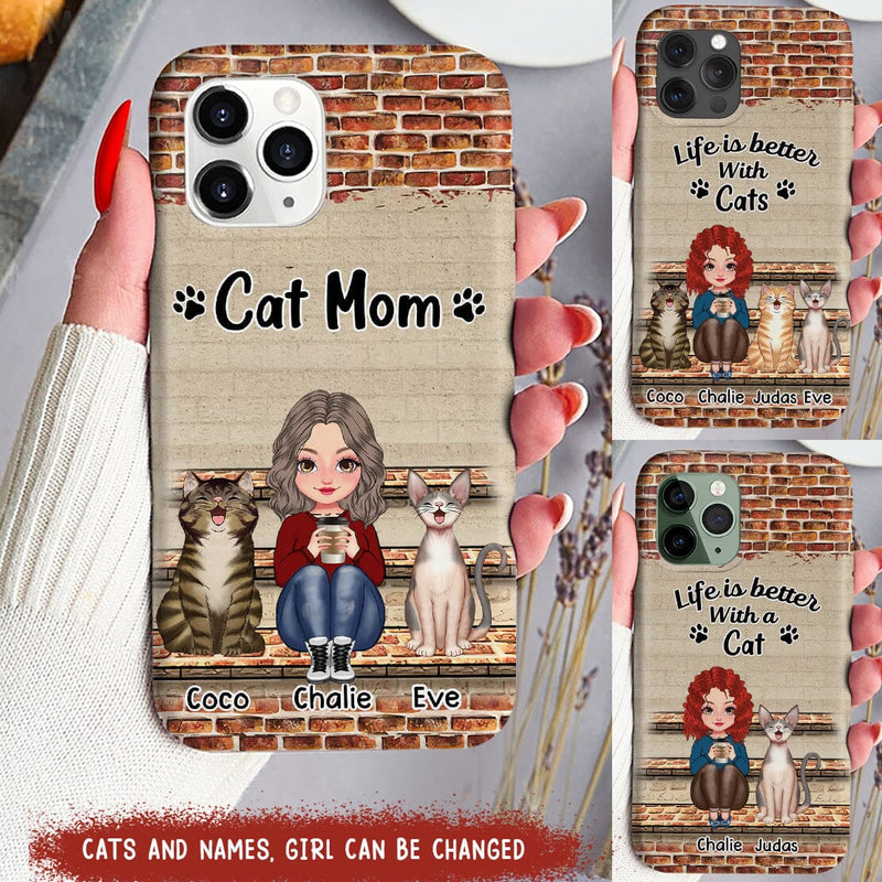 Personalized Life is better with cats Girl Sitting Brick Wall Phone Case