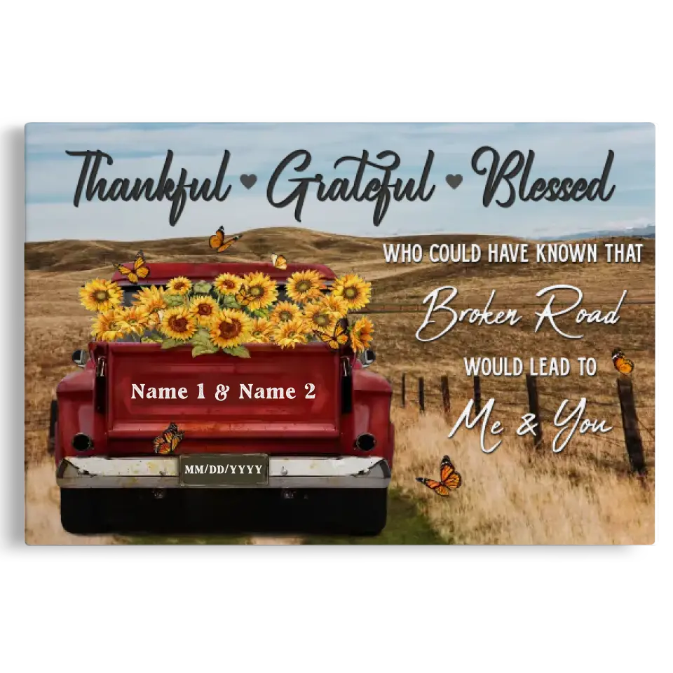 Personalized Canvas Prints - Rustic Farmhouse Red Truck, Customized Anniversary Couples Gifts, Thankful, Grateful, Blessed