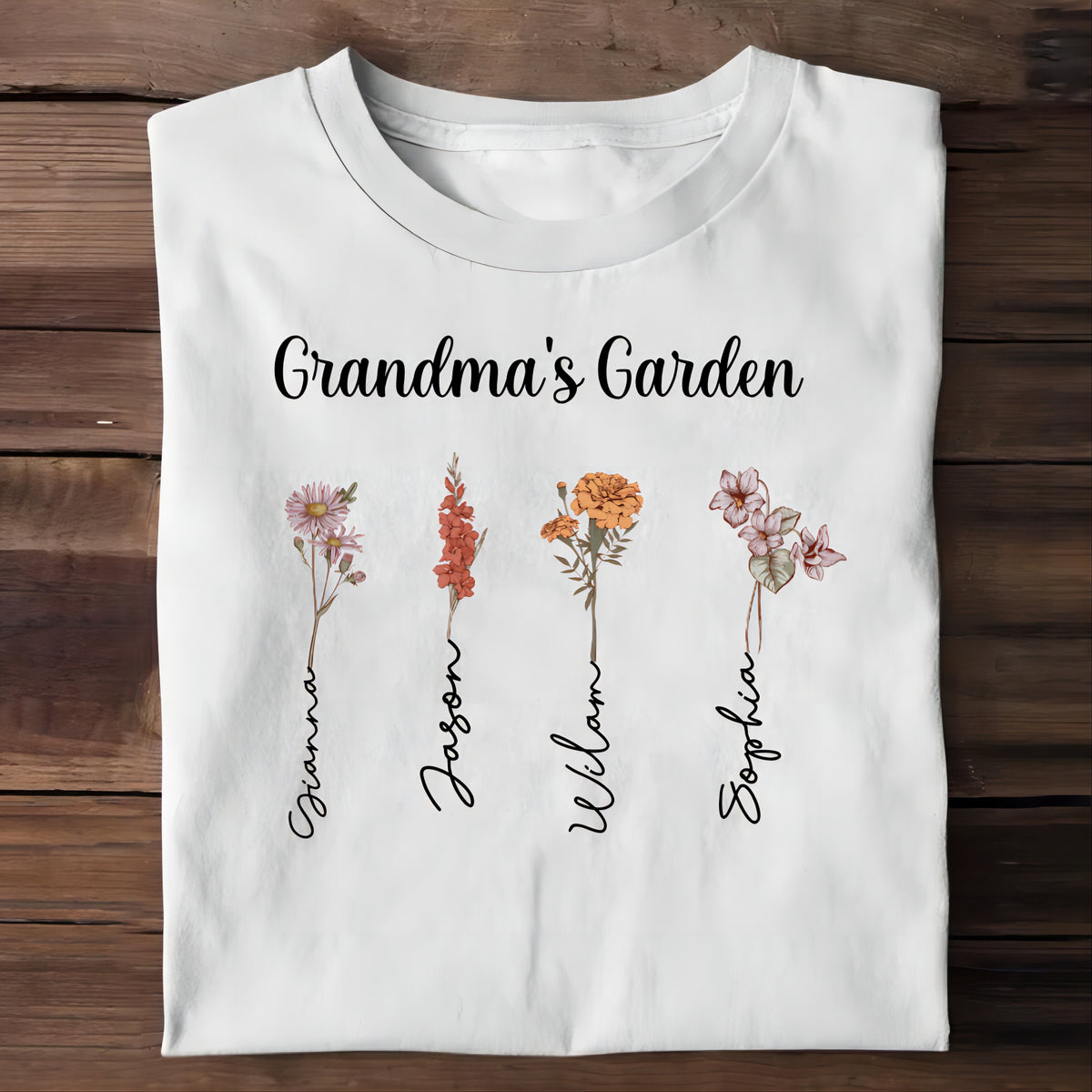 Custom Birth Flowers and Names,  Personalized Mama Garden T-Shirt