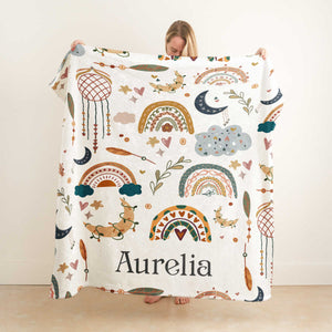 Personalized Toddler Blanket – Custom Name Boho Rainbow Baby Blanket, Unique Baby Shower Gift for Newborn & Kids