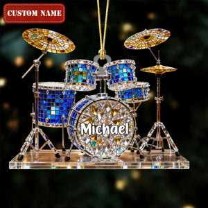 Drum Set Custom Name Stained Glass Effect Acrylic Christmas Ornament, Presents For Drummers