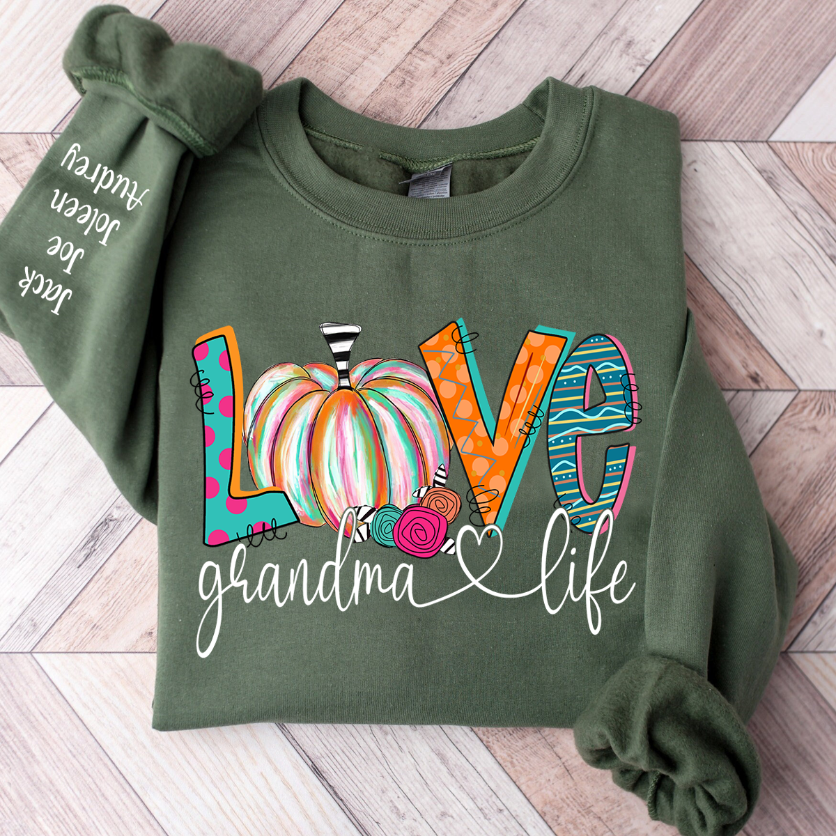 Personalized Love Grandma Life Sweatshirt – Fall Pumpkin Design with Grandkids’ Names on Sleeve