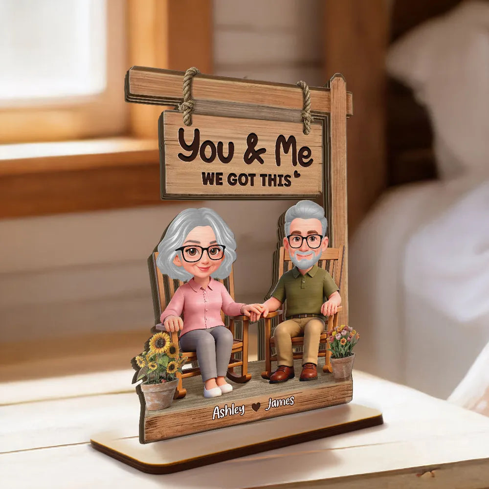 3D Effect Old Couple Sitting On Rocking Chair - Personalized 2-Layered Wooden Plaque - Anniversary, Valentine's Day Gift For Him, Gift For Her