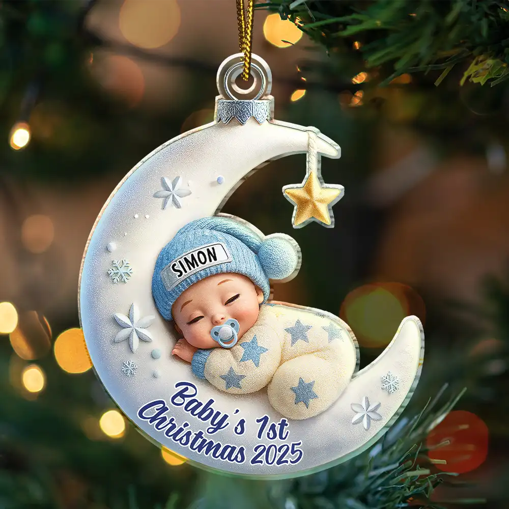 Baby Sleeping On The Moon First Christmas - Personalized Custom Shaped Acrylic Ornament